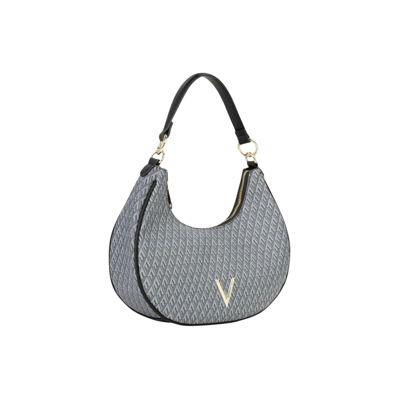 Valentino Bags Queen Re VBS9OX07, hobo bag trapuntata nera con logo a V metallico; doppia portabilità (mano/spalla), chiusura sicura e design curvo in poliuretano di alta qualità. Vista frontale Laterale
