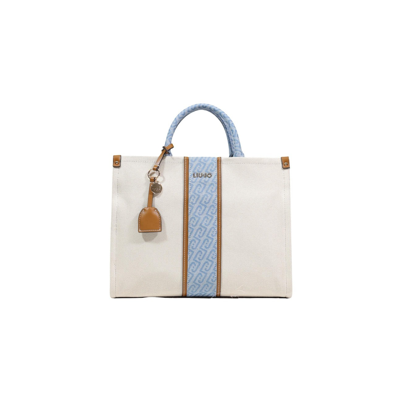 Borsa Liu-Jo M TOTE in cotone; dettagli monogram in rilievo, finiture dorate, manici intrecciati. Ampia, versatile e chic. Beige e azzurra