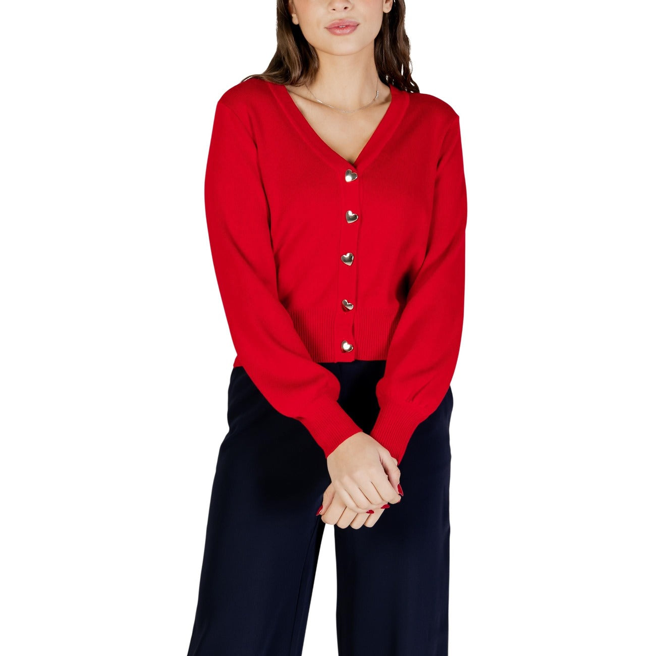 Cardigan Morgan De Toi donna rosso con bottoni manica lunga scollo a V 50% viscosa 28% poliestere 22% poliammide - vista frontale indossata da modello figura intera