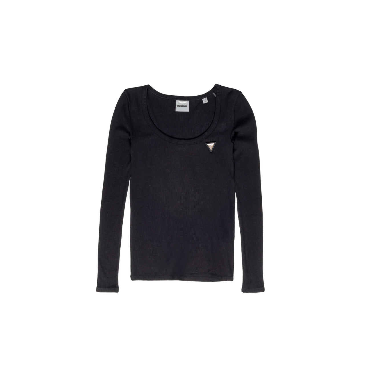 Maglia Guess Active nera donna V4BP07 K8RT2. T-shirt da donna nera a costine in viscosa elasticizzata con scollo rotondo e logo metallico sul petto, maglietta aderente casual da mezza stagione.
