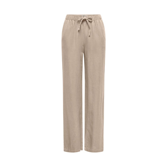 Only Onlgoa Linen Blend Pants; 70% viscosa, 30% lino, vita elastica con cordino. Il pantalone fresco e versatile indispensabile per l'estate. Colore beige vista frontale stesa