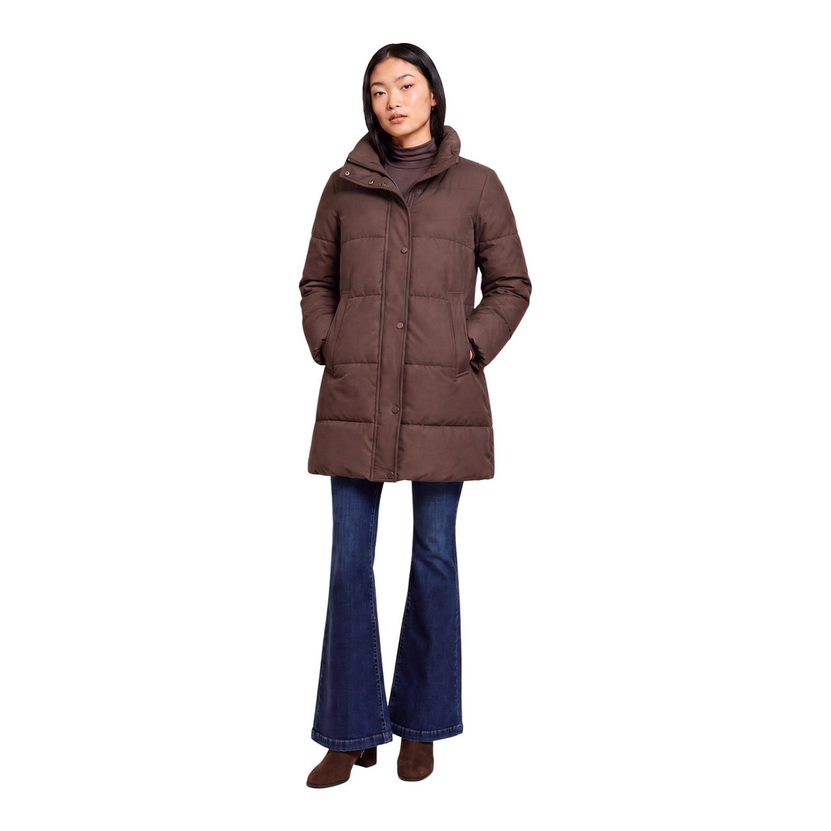 Piumino lungo donna Choral marrone – Cappotto trapuntato con cappuccio pelliccia SLI6GC026281D.