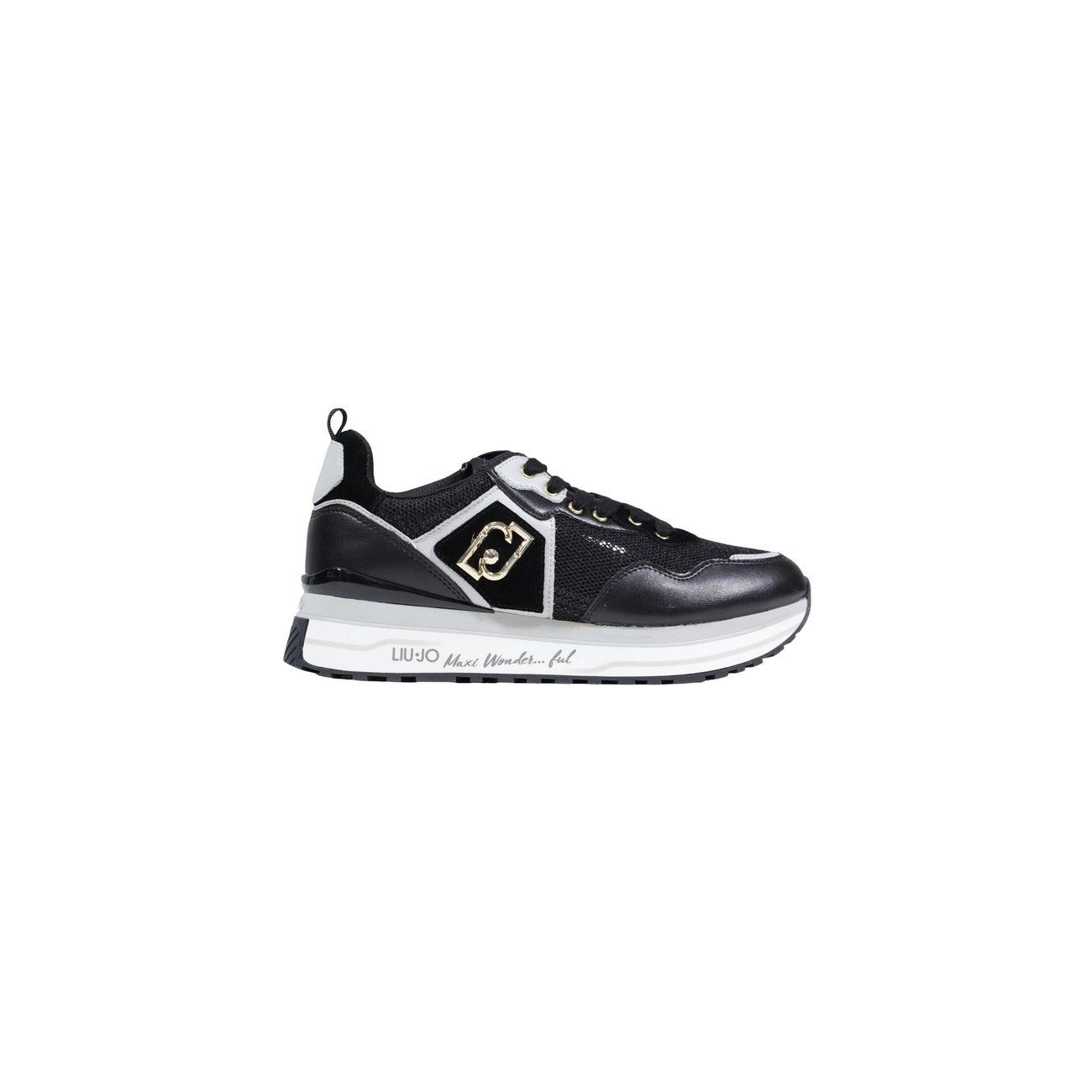 Sneakers Liu Jo Maxi Wonder 01; Nero con Paillettes. Pelle, suede e mesh tecnico. Suola platform 4,5 cm, logo LJ metallico, spoiler lucido. Stile glamour-sportivo Primavera/Estate. Vista laterale 