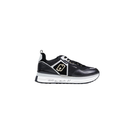 Sneakers Liu Jo Maxi Wonder 01; Nero con Paillettes. Pelle, suede e mesh tecnico. Suola platform 4,5 cm, logo LJ metallico, spoiler lucido. Stile glamour-sportivo Primavera/Estate. Vista laterale 