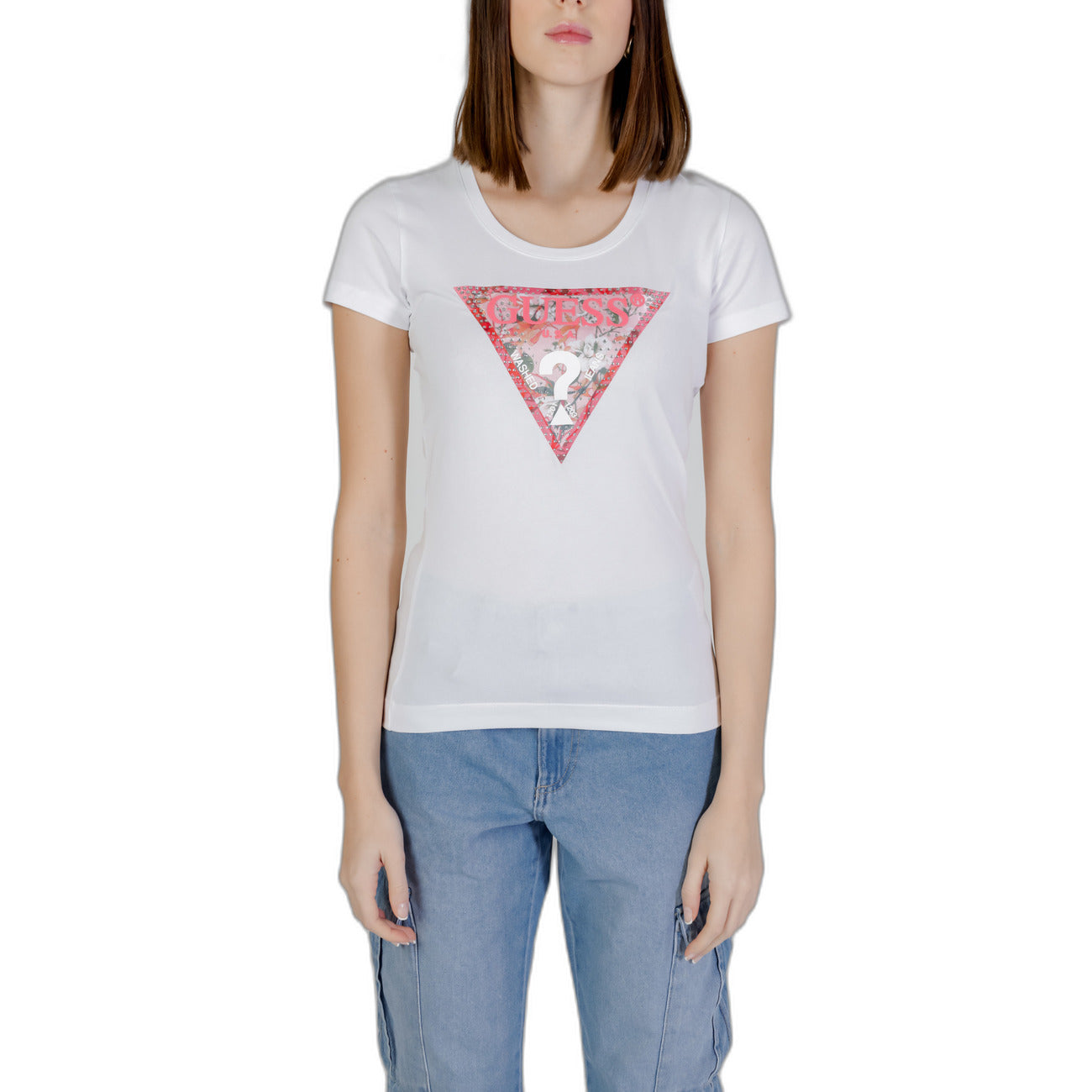 t-shirt Guess Triangle in cotone bianco puro con una grafica a triangolo glitter rosa. Vista frontale 