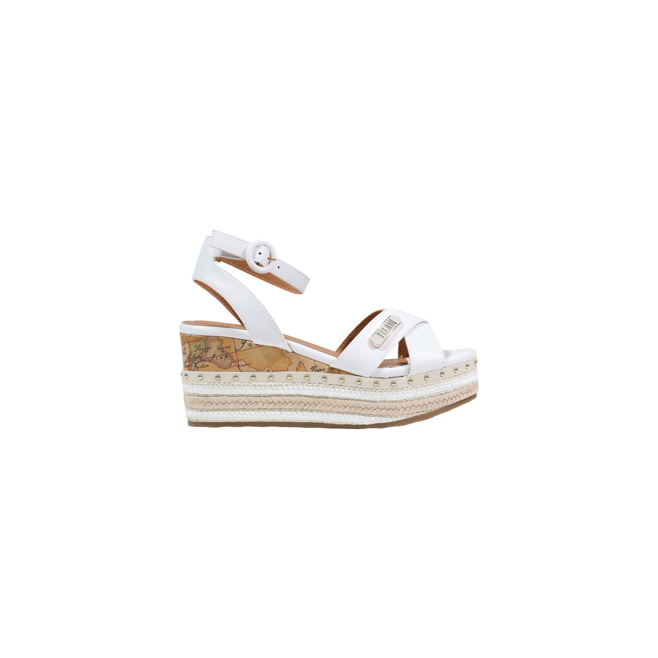 Sandali Zeppa Alviero Martini Prima Classe; 100% Poliuretano. Dettagli mappa Geo Classic, borchie dorate, chiusura con fibbia. Sandalo donna alto, confortevole e dal design iconico Vista laterale 