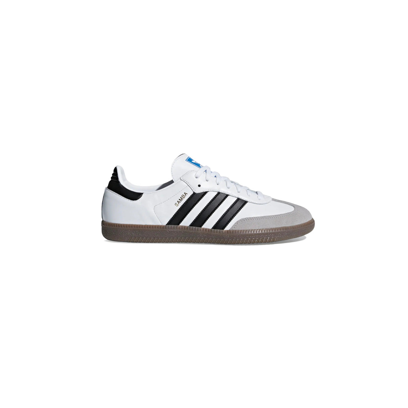 scarpa adidas Originals Samba OG, con tomaia in pelle pieno fiore bianca, rivestimenti in suede grigio e le iconiche 3 strisce nere Vista laterale 