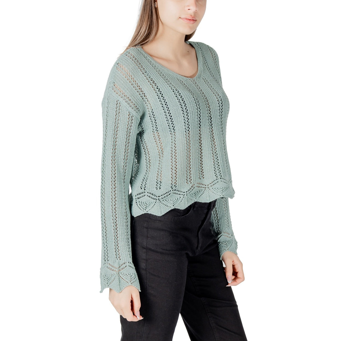 Only Maglia Donna Verde in 60% Cotone Organico 40% Poliestere a Manica Lunga con Scollo a V 15339529