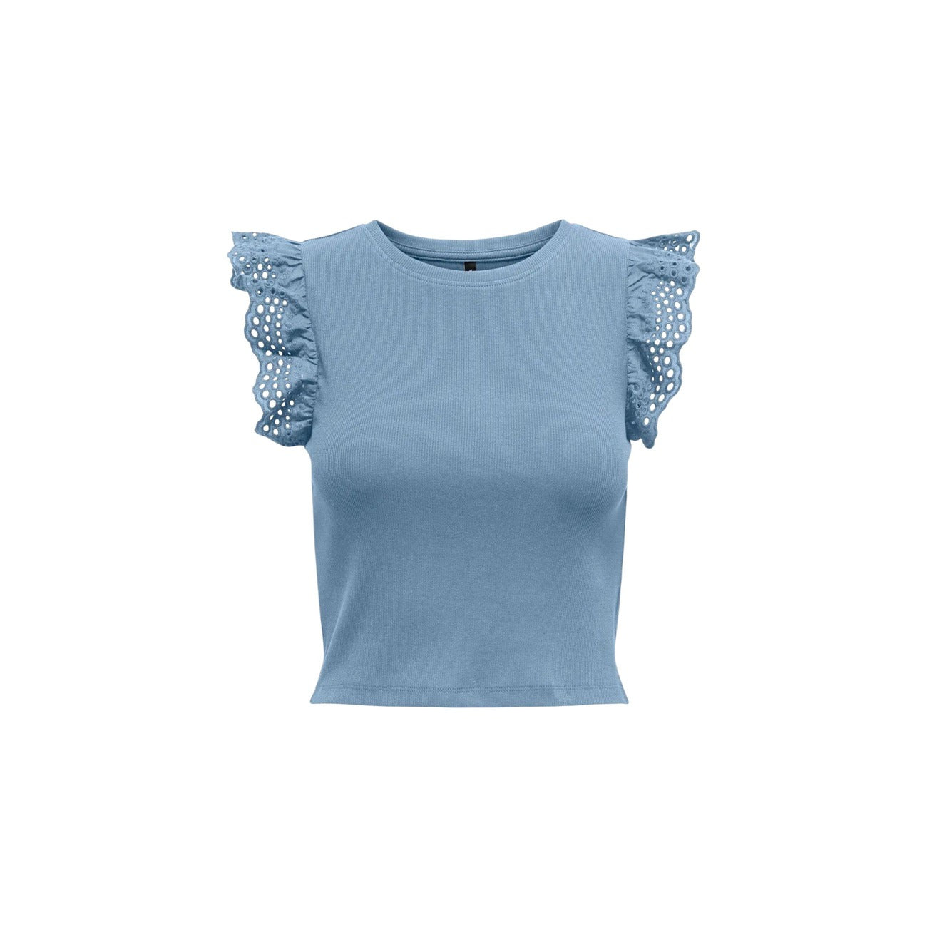 T-shirt Only Mathilda; Cotone elasticizzato. Maniche con balze in pizzo, girocollo, vestibilità aderente. Capo leggero, confortevole e raffinato. Ideale per Primavera/Estate. Colore azzurra