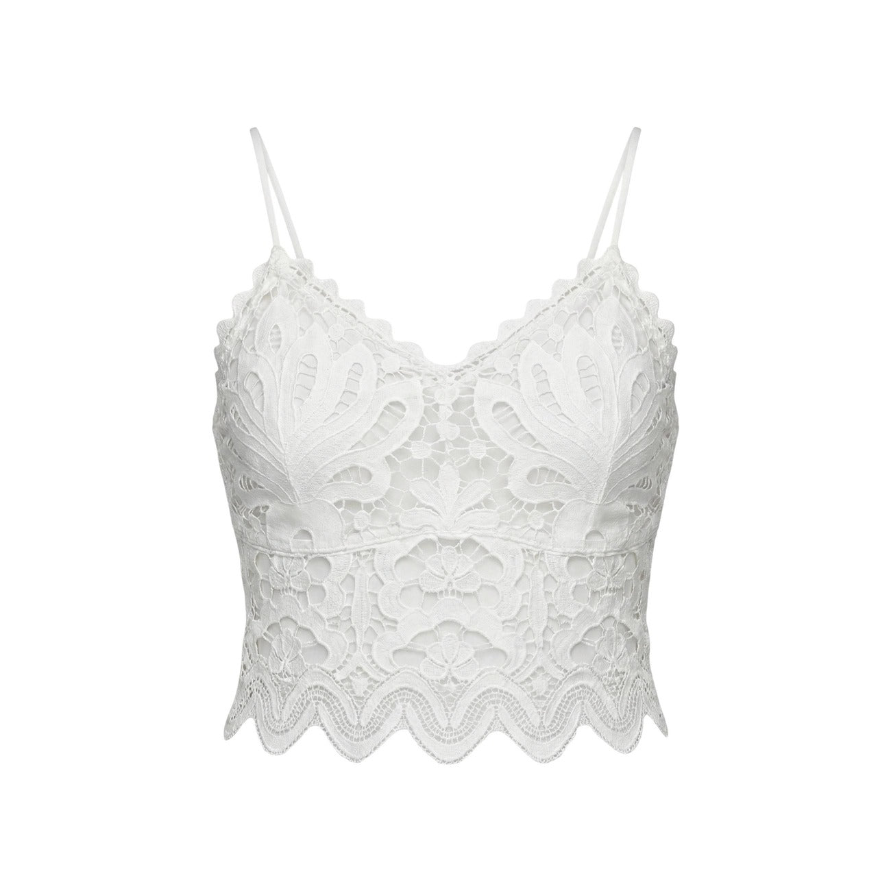 Morgan De Toi OBEAU Top; stile brassière con pizzo, 100% poliestere. Il top sottogiacca iconico per un look romantico e moderno. Colore bianco. Vista frontale Stesa