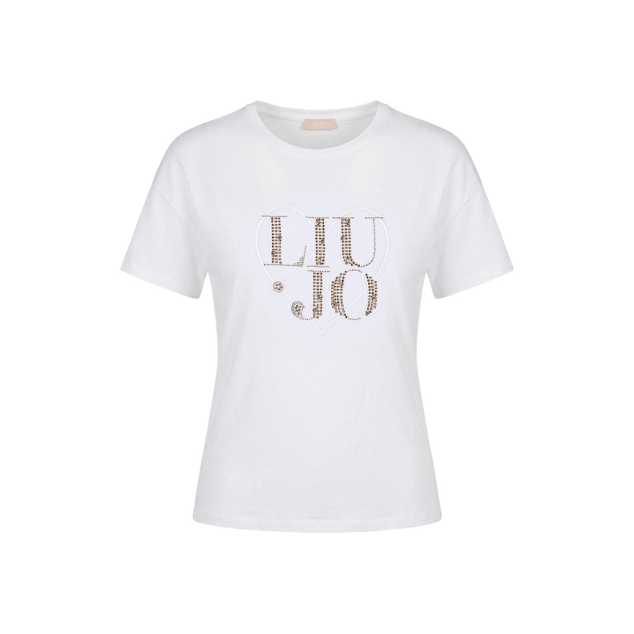 Liu Jo T-shirt Logo Luminoso; 100% cotone, maniche corte, taglio dritto, dettagli brillanti. L'essenziale prezioso per ogni stagione. Colore bianco vista frontale stesa 