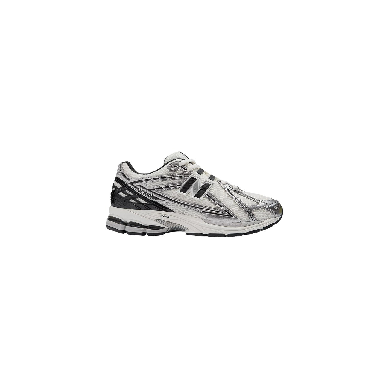 Scarpe New Balance 1906 unisex argento e bianche GC1906ER. Sneakers running basse metallizzate in mesh e materiale sintetico con ammortizzazione ABZORB SBS, supporto Stability Web e suola in gomma, scarpe sportive autunno inverno.