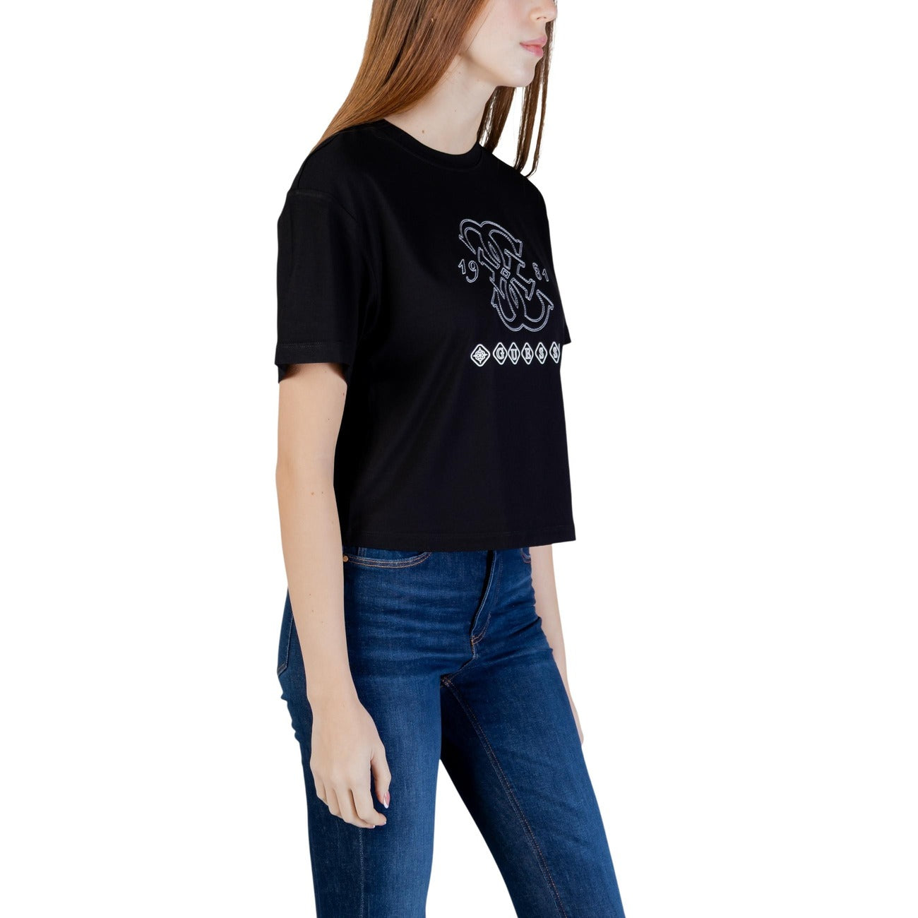 T-shirt donna Guess Active GABI nera in viscosa a maniche corte primavera estate - vista laterale frontale 