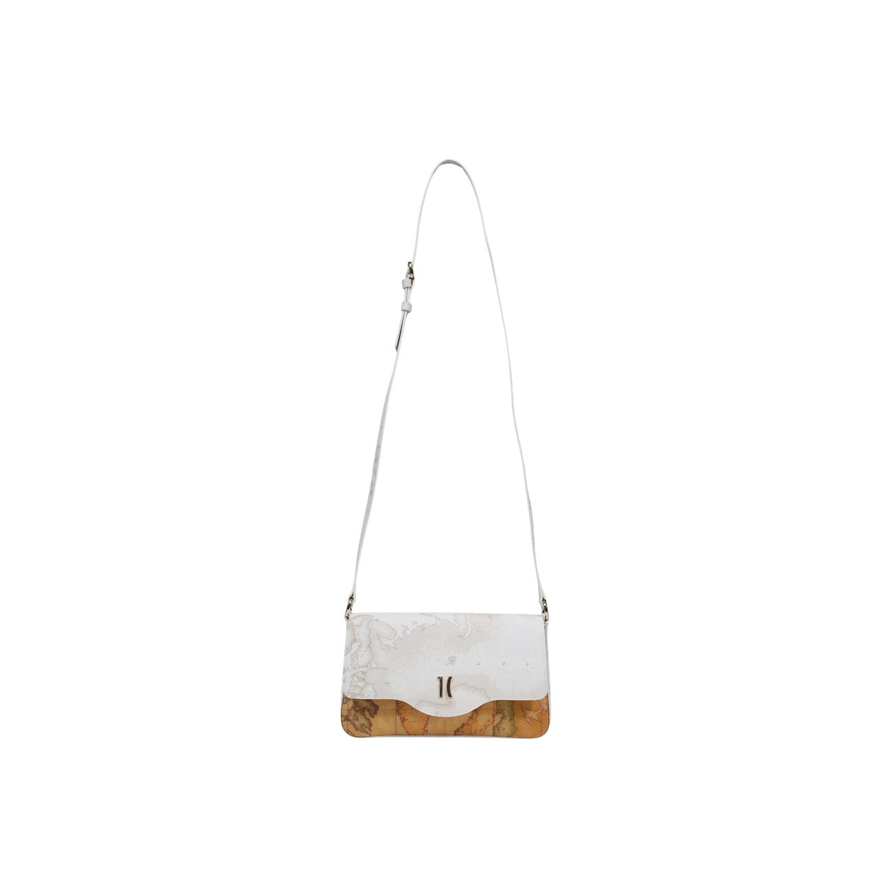 Tracolla Alviero Martini Prima Classe Geo White; 58% PVC, 34% Cotone. Design compatto, chiusura a zip, metalleria dorata. Borsa piccola donna, stile iconico e versatile 4 stagioni. Vista con tracolla 