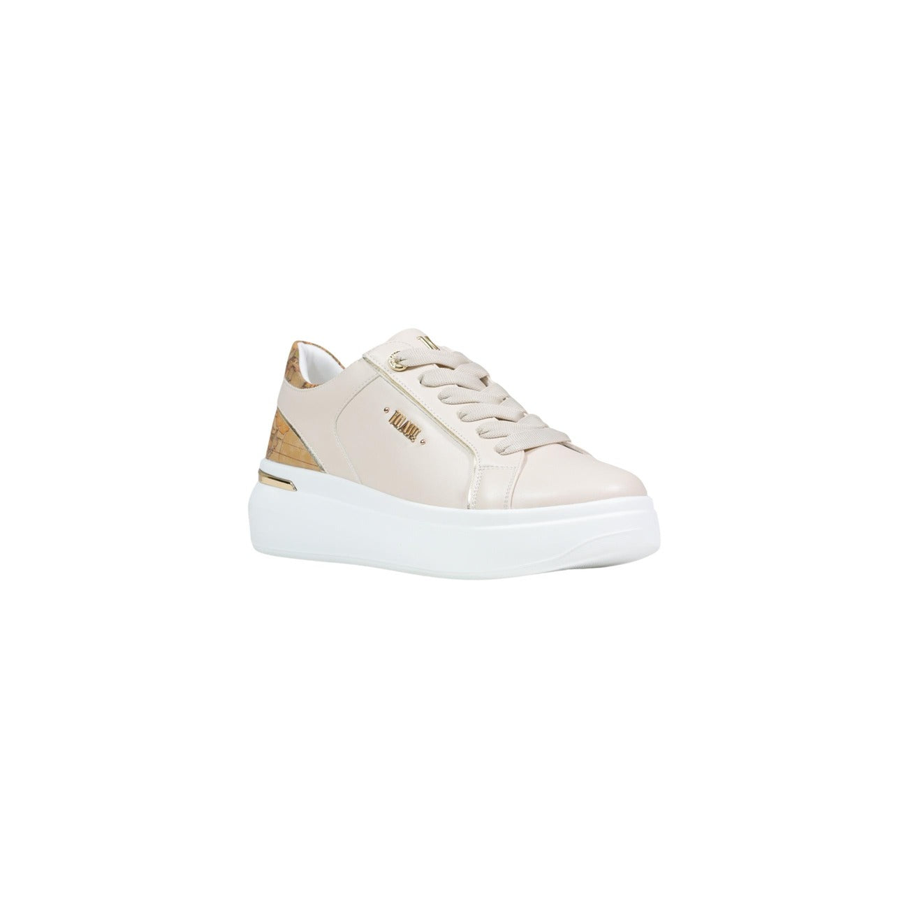 Alviero Martini Sneakers Geo Classic; poliuretano, finiture oro, suola rialzata, logo laterale. L'eleganza iconica ai piedi per uno stile casual superiore. Vista frontale 