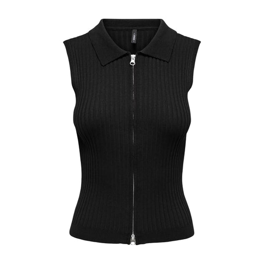 Only Onlmeddi Life Zip Gilet; 70% viscosa, 30% nylon, costine verticali, zip bidirezionale, colletto polo. L'essenziale chic per il layering quotidiano. Colore nero vista frontale 