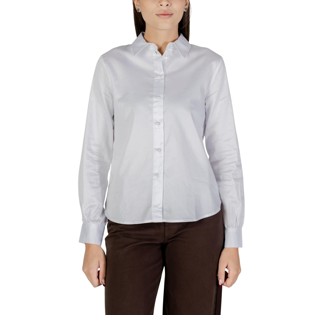Jacqueline De Yong Camicia Donna Blu con Bottoni Maniche Lunghe Scollo Tondo Colletto Classico - Camicia Cotone