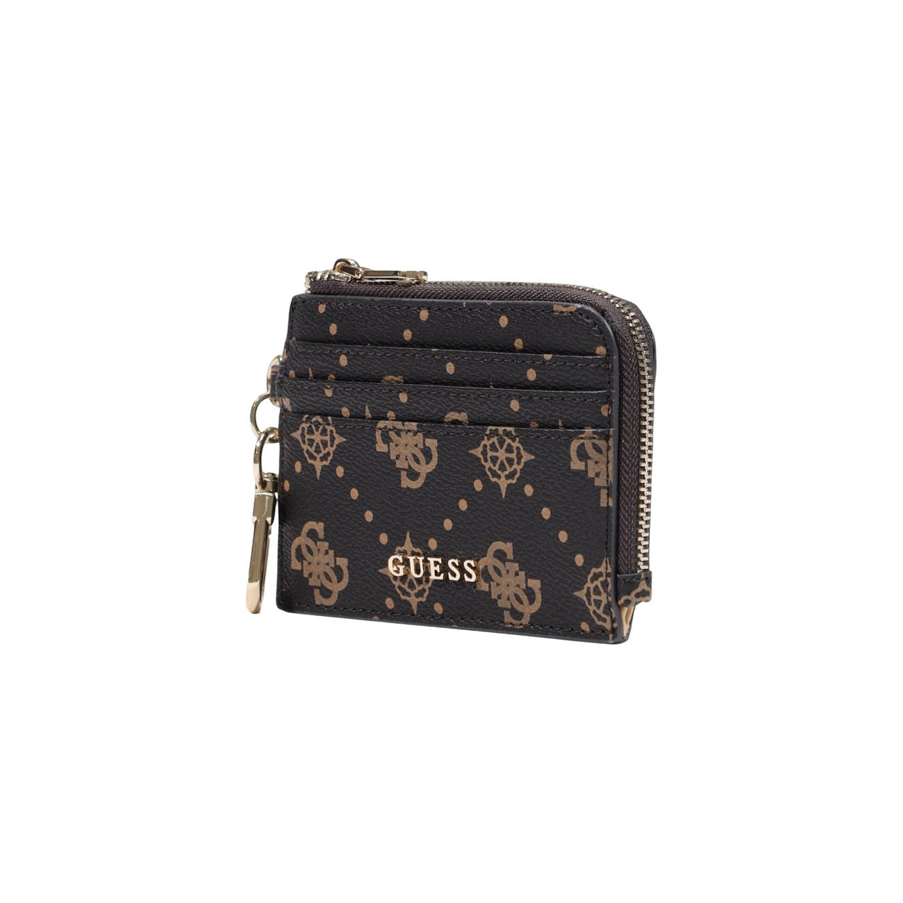 Portafoglio Portachiavi Marrone Guess; Dimensioni 13x10x0.5 cm. Realizzato in 100% poliuretano effetto pelle con motivo a loghi e pois. Chiusura con zip, tasche interne, gancio esterno e dettagli oro. Vista frontale Laterale 