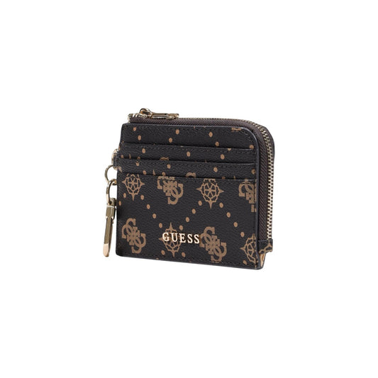 Portafoglio Portachiavi Marrone Guess; Dimensioni 13x10x0.5 cm. Realizzato in 100% poliuretano effetto pelle con motivo a loghi e pois. Chiusura con zip, tasche interne, gancio esterno e dettagli oro. Vista frontale Laterale 