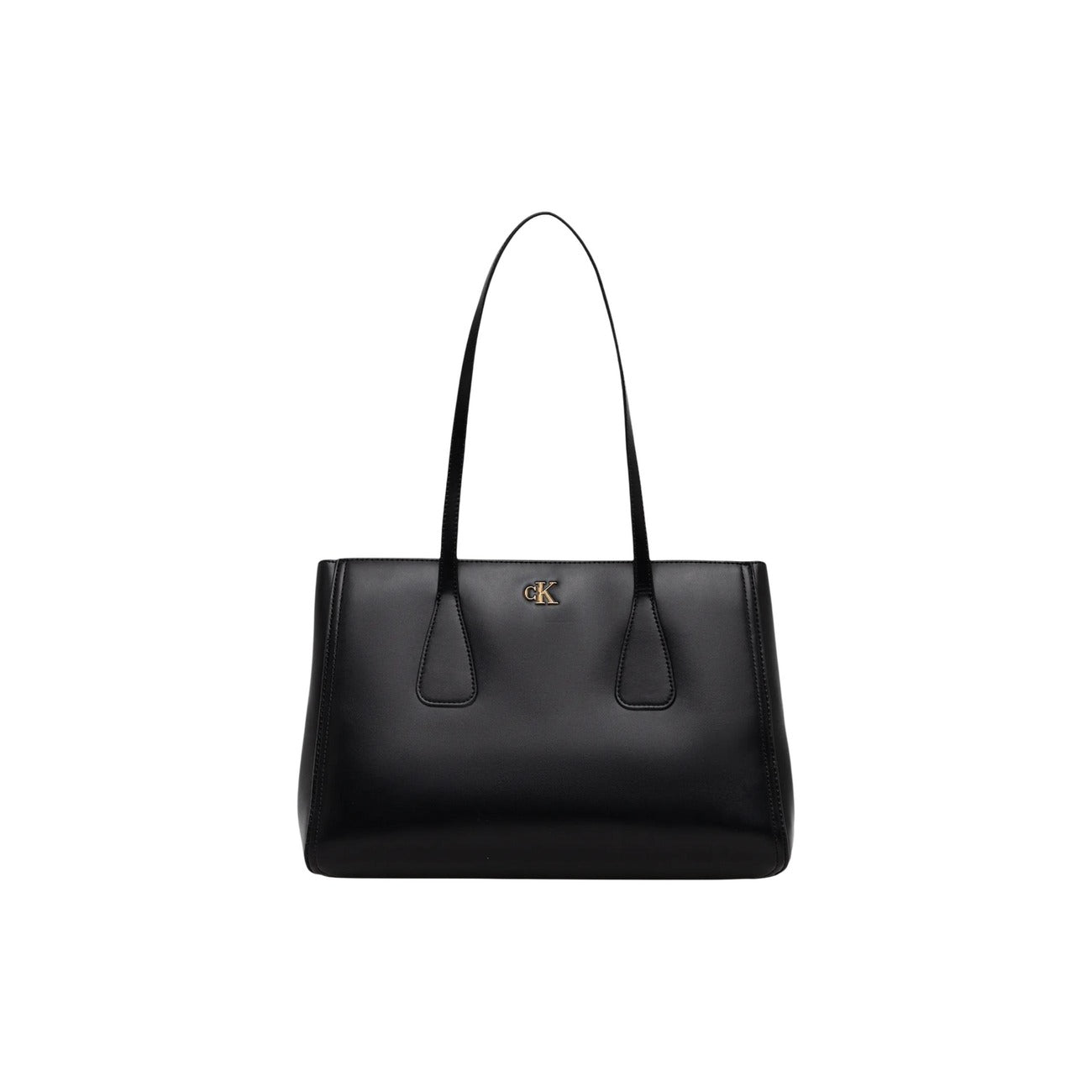 Calvin Klein Shopping Bag Medium; borsa nera tote in ecopelle con scomparto diviso e chiusura magnetica. Base rigida rinforzata e manici lunghi per un comfort ottimale a spalla. Vista frontale 