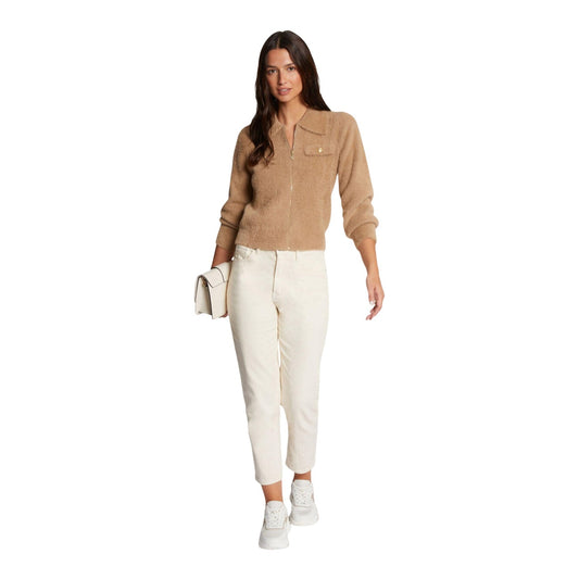 Cardigan beige donna Morgan De Toi 232-MDOMI. Maglioncino corto aperto con cerniera, collo a revers, maglia morbida soffice e taschino decorativo con bottone.