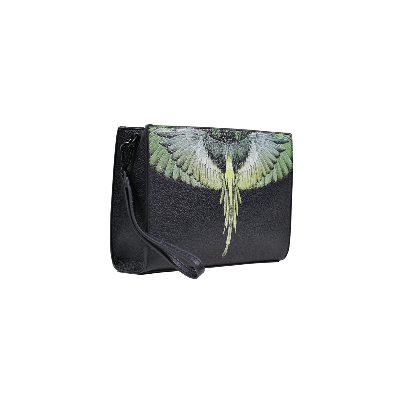 Pochette County of Milan Wings; ecopelle premium, stampa ali, cinturino da polso rimovibile. L'accessorio streetwear per eccellenza. Vista laterale e frontale 