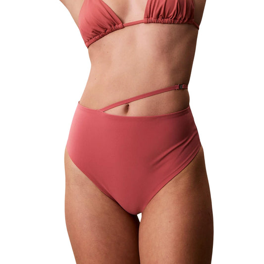 Slip Bikini Vita Alta Calvin Klein; Rosa. Tessuto asciugatura rapida, cintura asimmetrica con logo metallico. Interamente foderato, vestibilità modellante e stile ricercato.