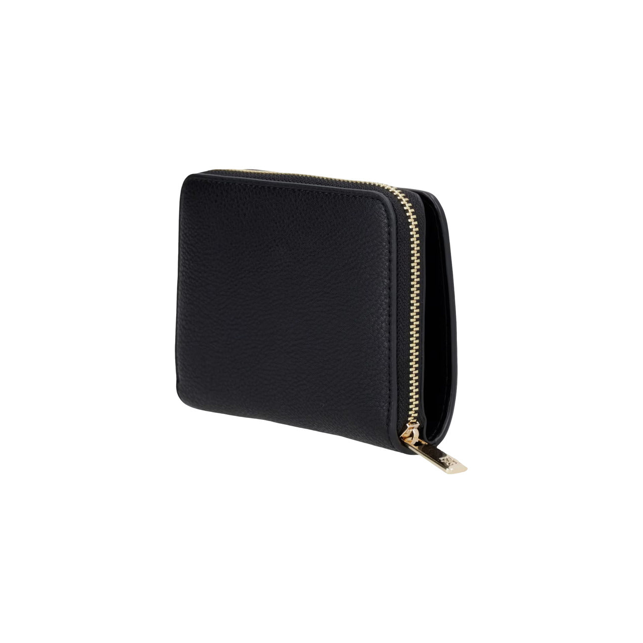 Portafoglio Compatto Donna Tommy Hilfiger; Nero. Finitura zigrinata, scomparto zip portamonete e sezione carte con bottone a pressione. Dettagli in metallo oro lucido e monogramma TH frontale. Misure micro e capienti (12x10 cm). Posteriore 