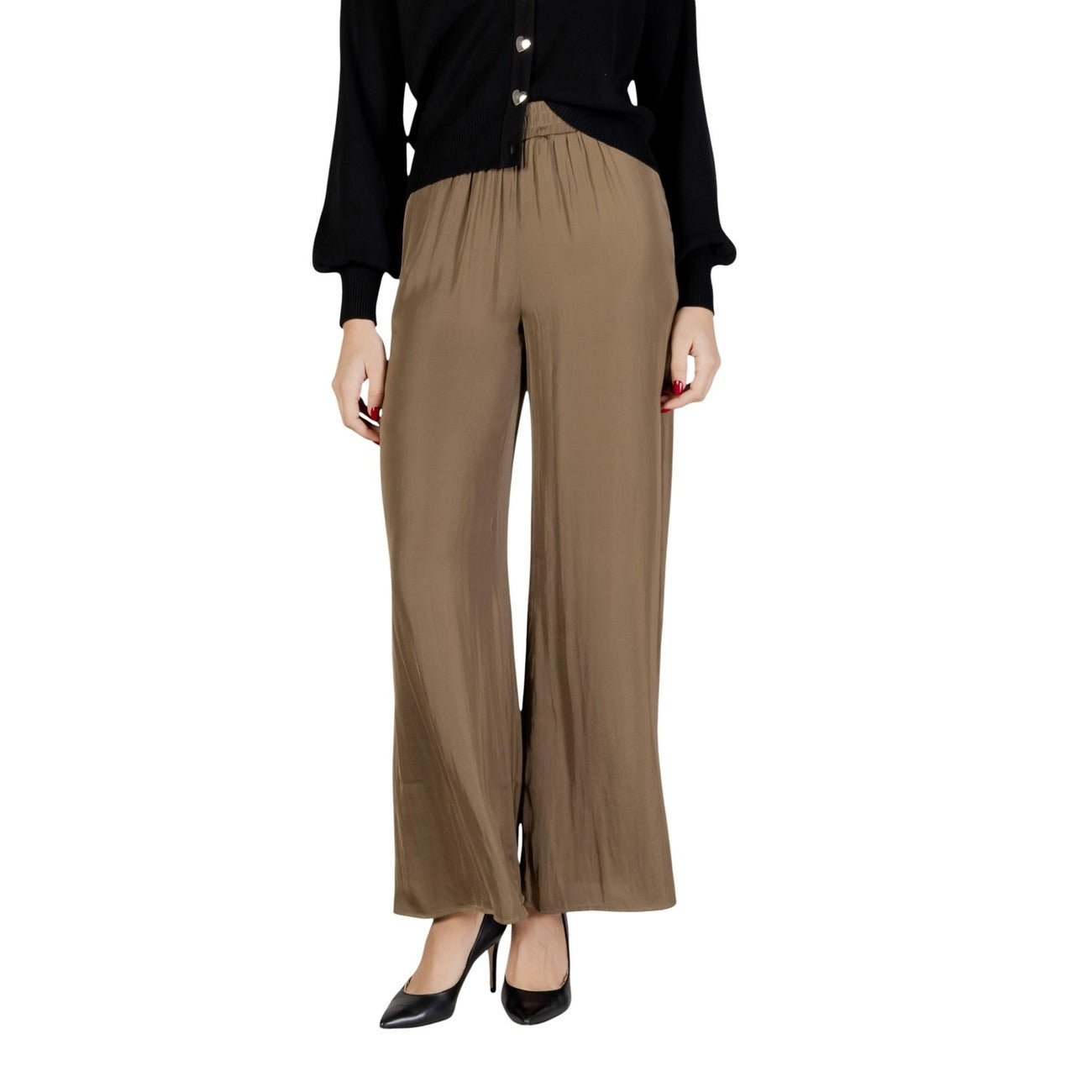 Pantaloni Morgan De Toi donna verdi con zip e bottone - vista frontale indossati da modello figura intera
