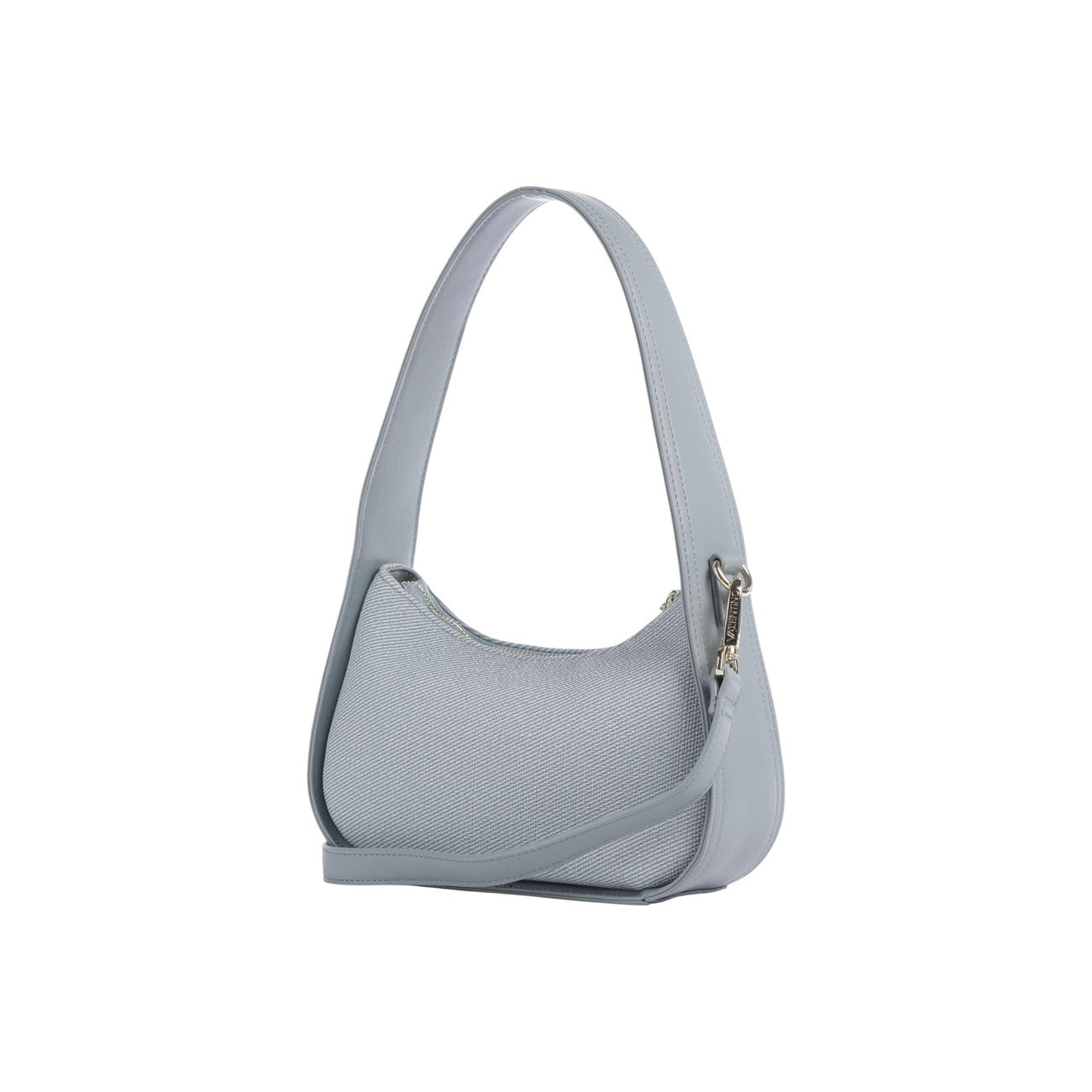 Borsa Baguette Piccola Blu Donna Valentino Bags Atena; Misure 6x15x6 cm. Tessuto 100% cotone con manico superiore regolabile e tracolla rimovibile. Chiusura superiore con cerniera oro lucida, stile elegante e primaverile. Vista posteriore 