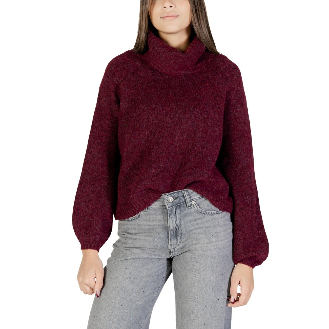 Only Maglione Donna Bordeaux Maniche Lunghe Scollo Alto - Maglione Poliestere Acrilico Lana