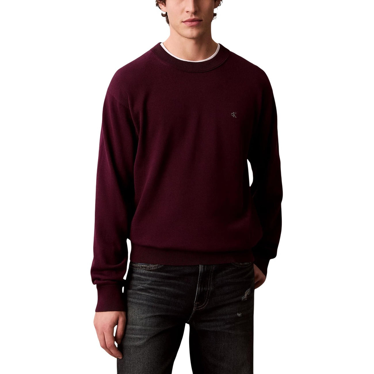Calvin Klein Jeans Maglia Uomo Bianco Scollo Tondo Manica Lunga Cotone 100% Autunno Inverno LV04RC309G