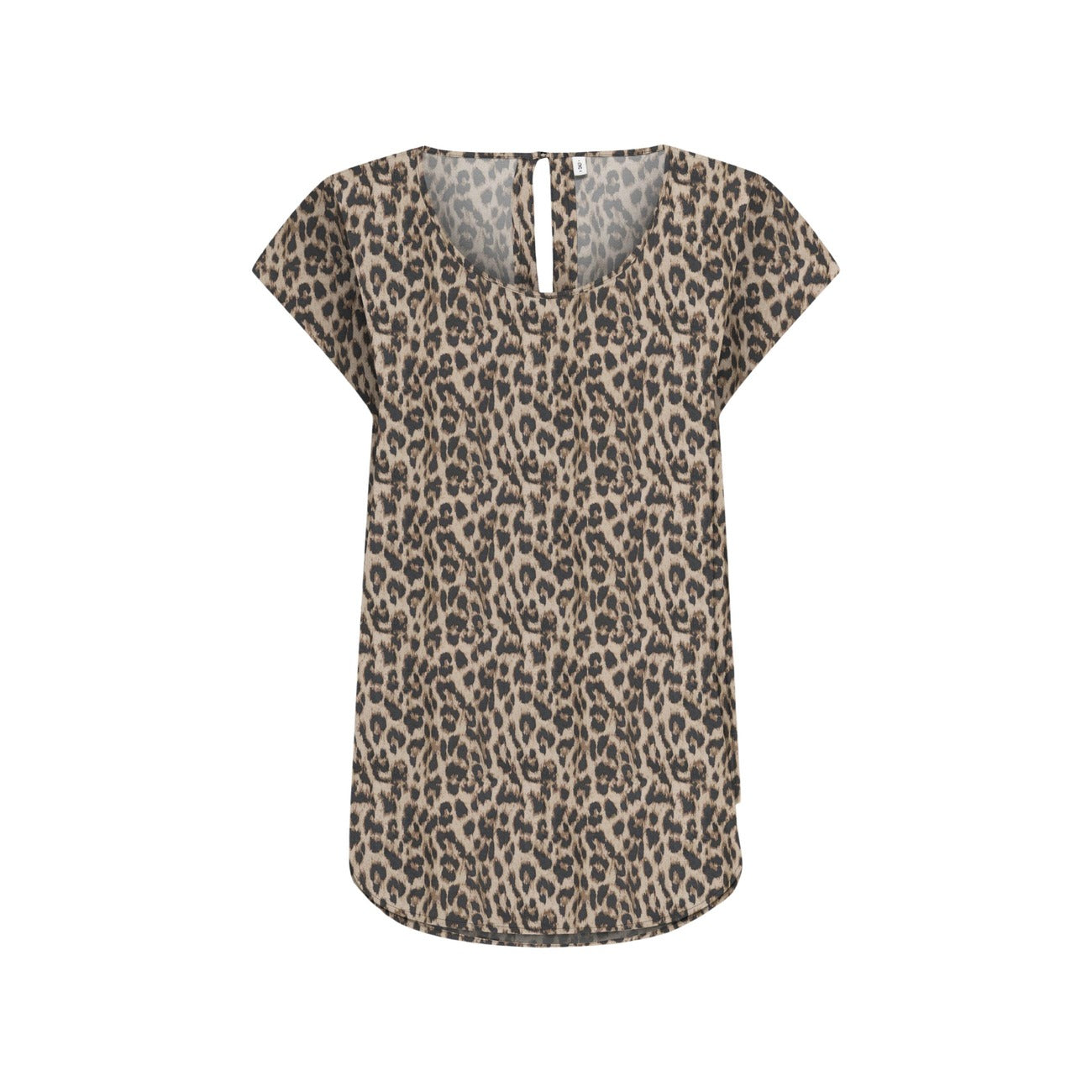 Blusa Only ONLNOVA LIFE; 100% Viscosa. Maniche corte, scollo rotondo, stampa grafica moderna. Vestibilità fluida e leggera. Top donna casual-chic per l'estate. Leopardat vista stesa frontale 