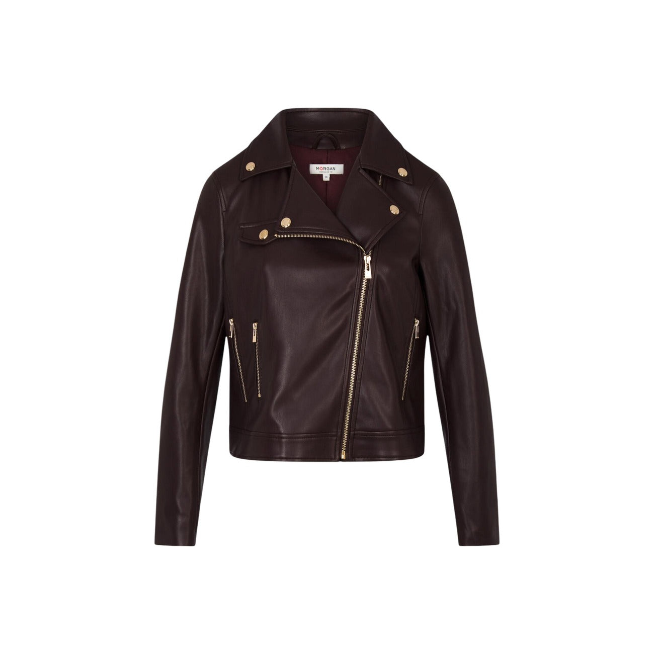 Giacca Morgan De Toi donna bordeaux 262-GEFF. Chiodo corto stile biker in ecopelle con doppia cerniera, tasche laterali con zip, bottone dorato e colletto a rever, giubbotto leggero mezza stagione.