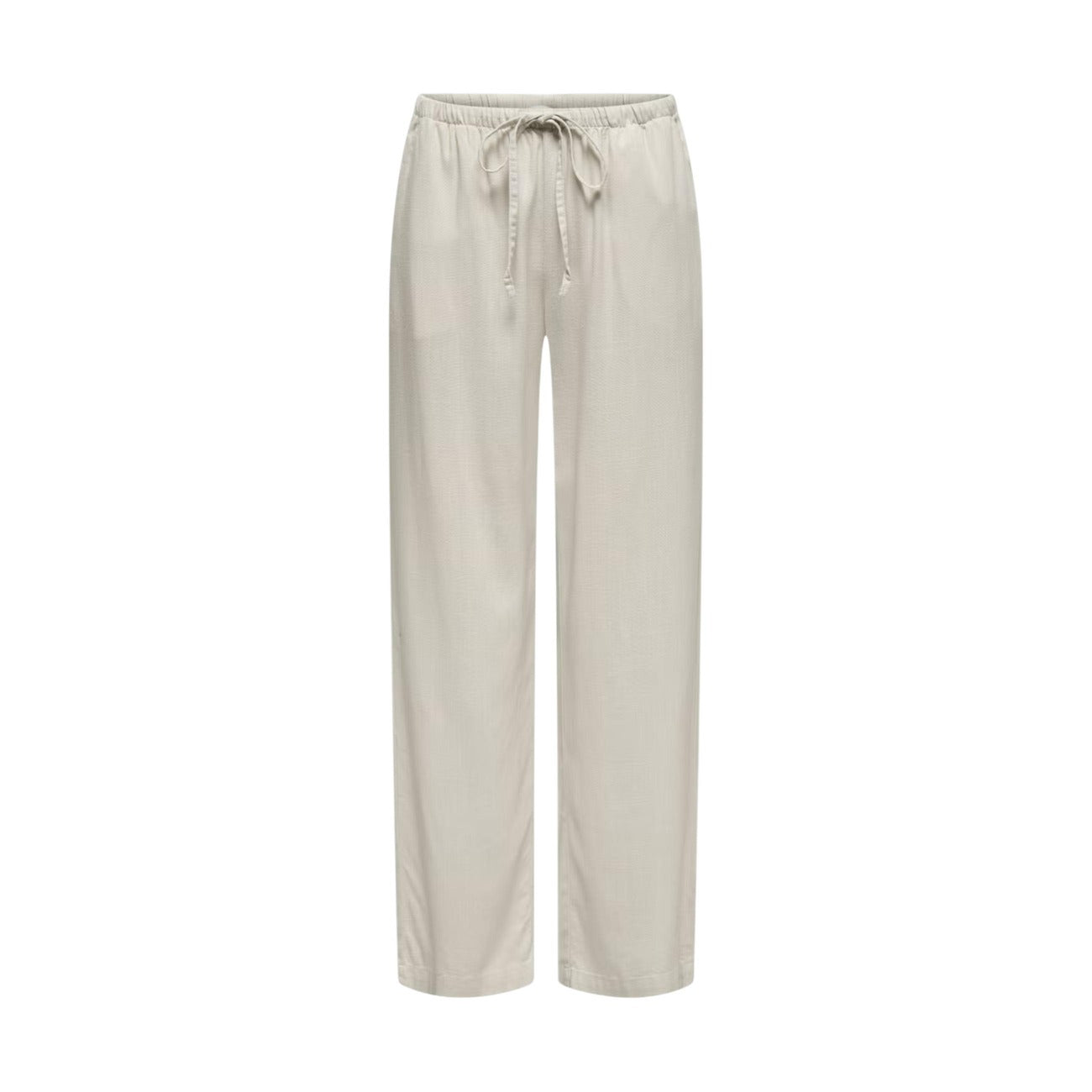 Pantaloni Donna Grigi Jacqueline de Yong Caya; Modello a gamba dritta ampia in misto viscosa e lino. Vita elasticizzata con coulisse regolabile, stile casual e leggero per la primavera e l'estate. Stesa frontale 