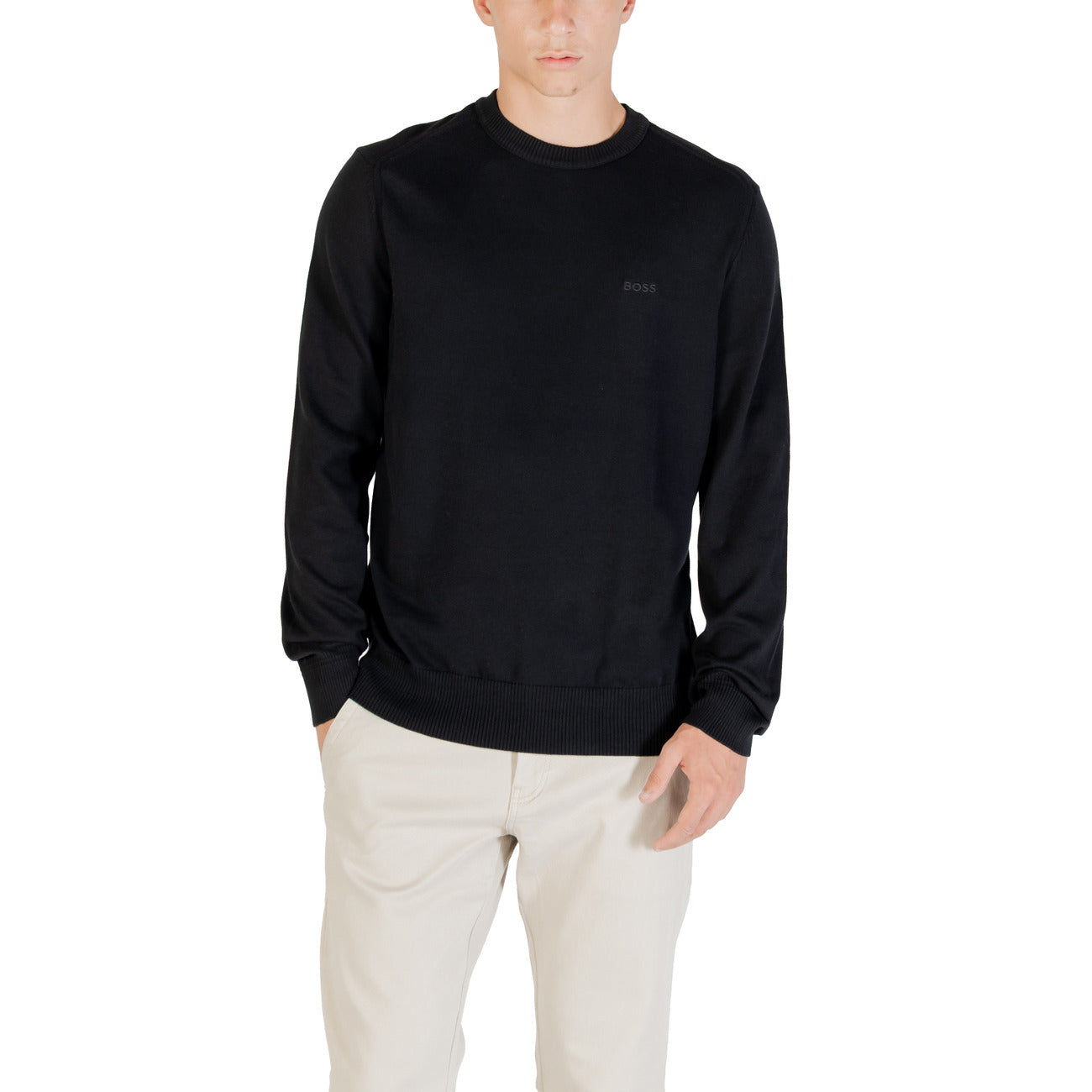 Boss Maglia Uomo Nera con Maniche Lunghe Scollo Tondo in Cotone 85% Altre Fibre 15% 50508766
