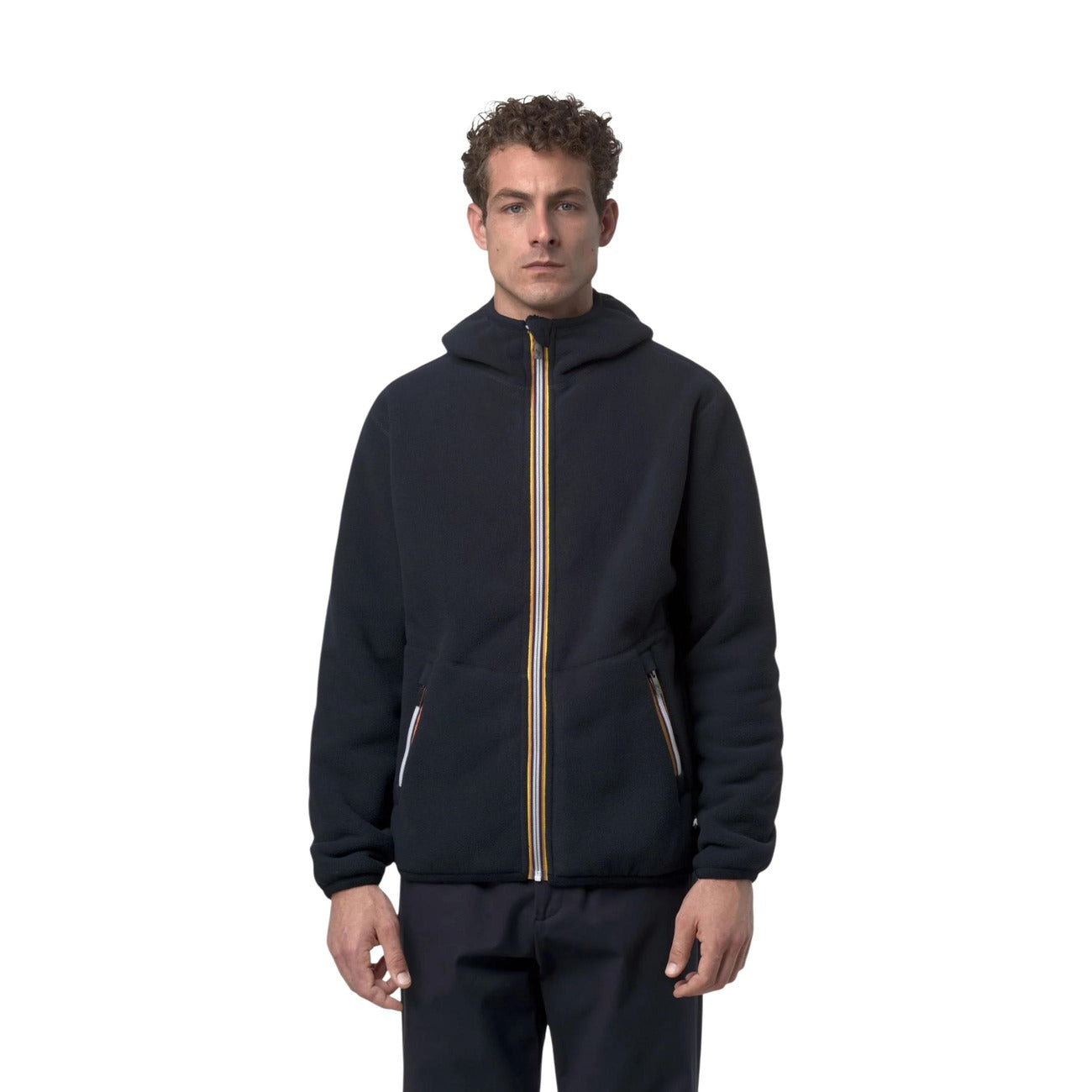 Pile reversibile K-Way Jack uomo blu K3132NW. Giacca con cappuccio e cerniera zip da uomo 2 in 1 con tessuto orsetto sherpa da un lato e pile polare liscio dall'altro, con tasche e bordo elastico, abbigliamento autunno inverno.