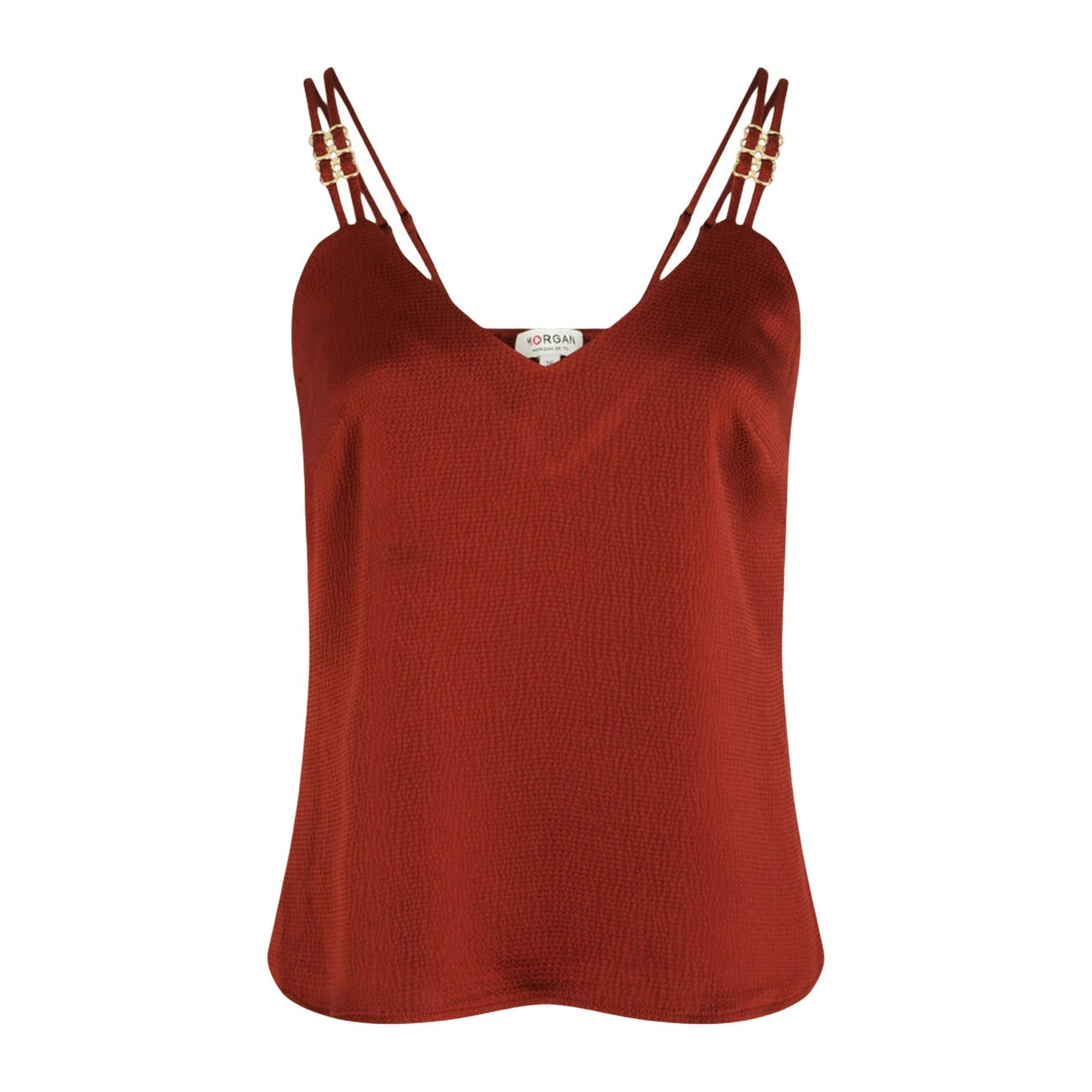 Top Rosso Morgan De Toi; Spalline Gioiello. 68% Poliestere, 30% Poliestere Riciclato. Scollo a V, vestibilità aderente, tessuto leggero. Elegante e moderno, perfetto per look party e cerimonie. Vista stesa 