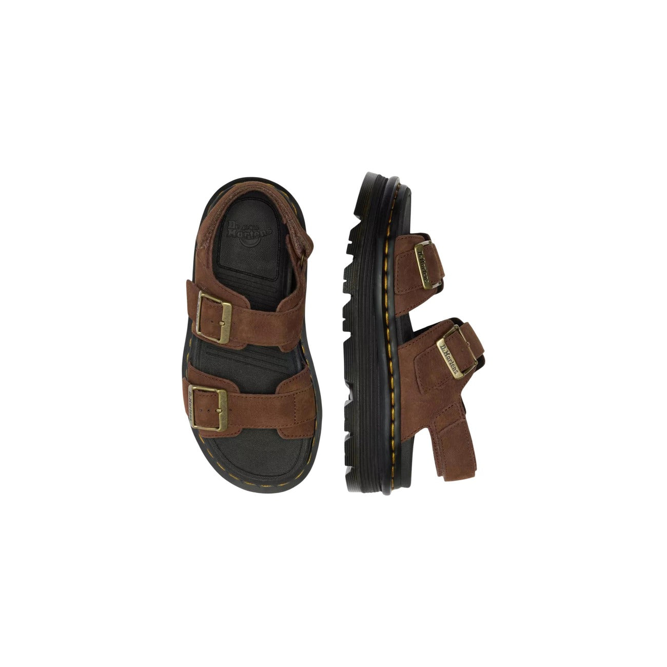 Dr. Martens Zebzag Sandal; Sepia Brown. 100% Pelle Tumbled Nubuck WP. Suola ibrida ammortizzata, cinturino regolabile, resistente all'acqua. Stile casual premium.