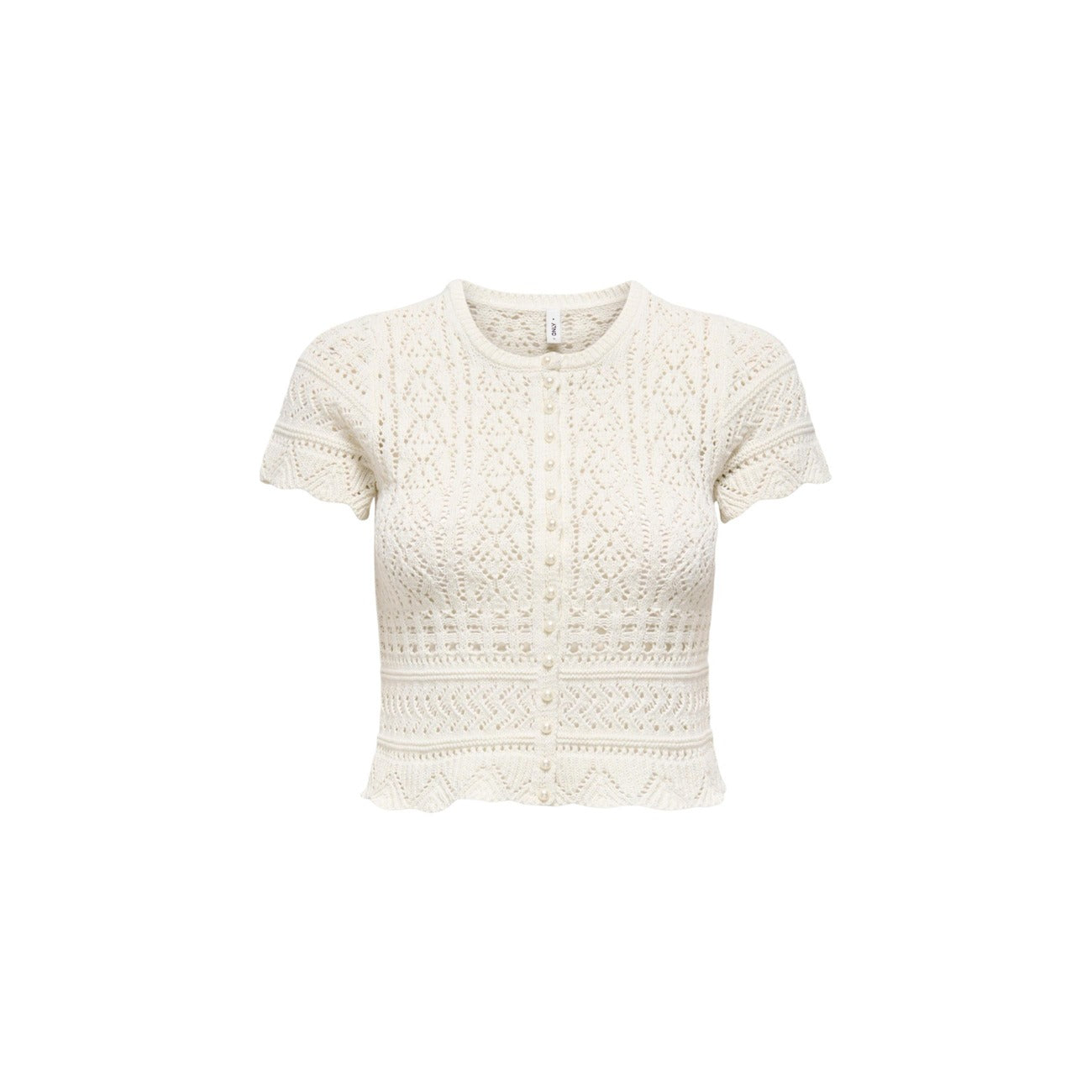 Only Onlelke Pearl Cardigan; cotone e poliestere riciclati, lavorazione a traforo, bottoni perla. La maglia raffinata e sostenibile per un look bon-ton contemporaneo. Colore panna. Vista frontale Stesa 
