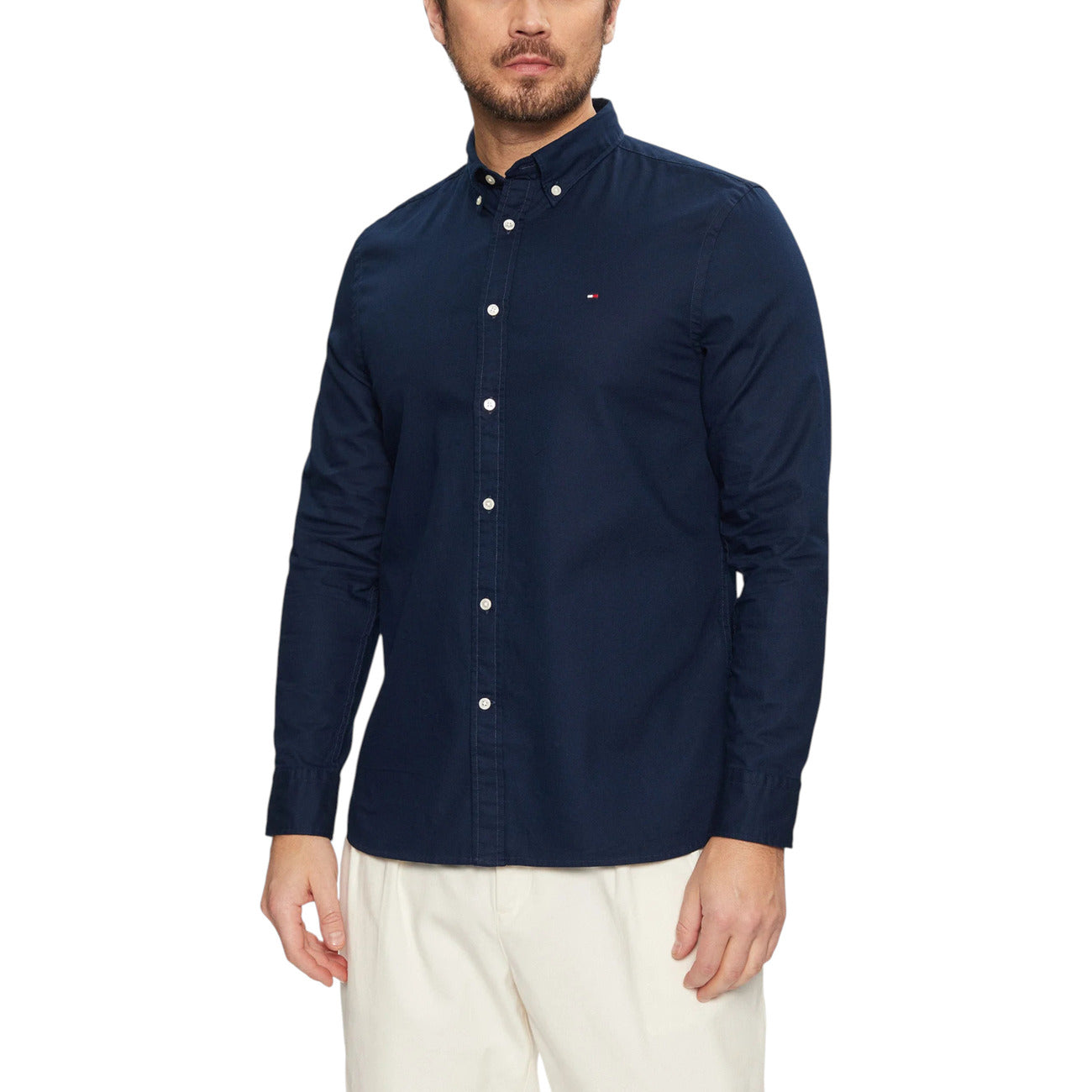 Tommy Hilfiger Camicia Uomo Blu con Bottoni Maniche Lunghe - Camicia Cotone Organico Colletto Classico