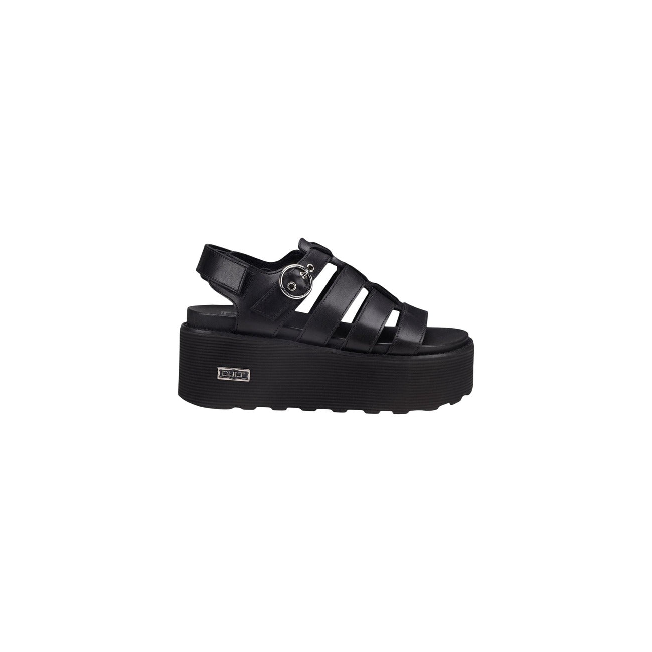 Cult Nancy 4488; Sandalo Platform Nero. 100% Pelle, tacco 7 cm. Fibbia rotonda decorativa, suola scanalata ammortizzata, interno in pelle. Stile urban-rock premium. Laterale 