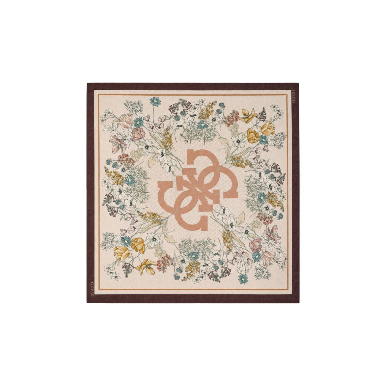 Foulard Leggero Donna Guess Printed Kefiah; Tessuto 100% modal soft-touch. Fantasia floreale con motivo logato centrale, design versatile per collo, borsa o capelli. Accessorio mezza stagione. Colore marrone Vista aperta 