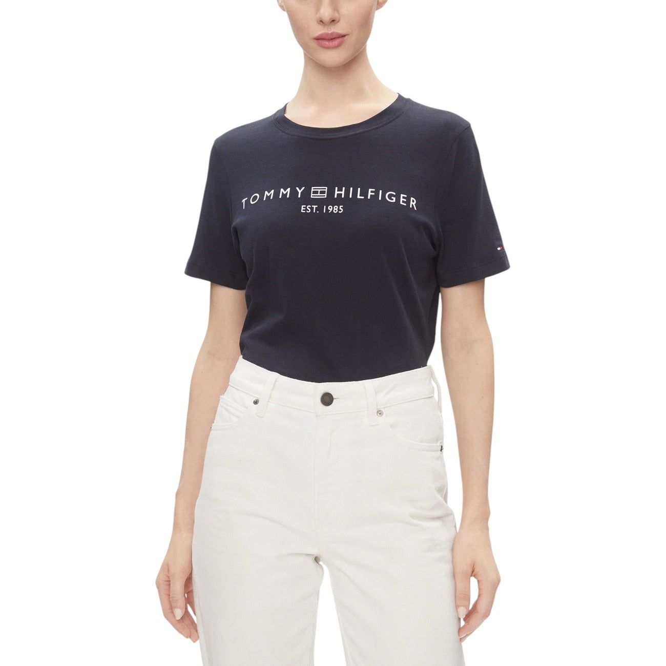 Tommy Hilfiger T-Shirt Donna Blu con Stampa Maniche Corte - T-Shirt Cotone Organico Scollo Tondo