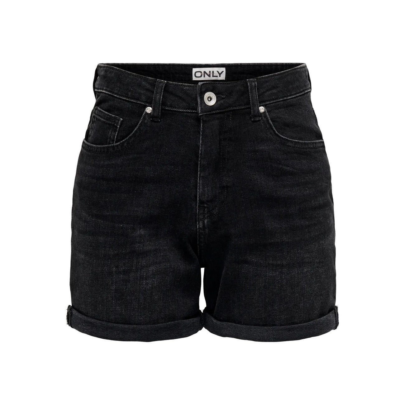 Bermuda Jeans Donna Nero Lavato Only; Pantaloncino lungo regular fit in cotone denim stretch con orlo risvoltato e passanti per cintura. Modello cinque tasche, stile casual e grintoso per la primavera e l'estate. Frontale stesa 