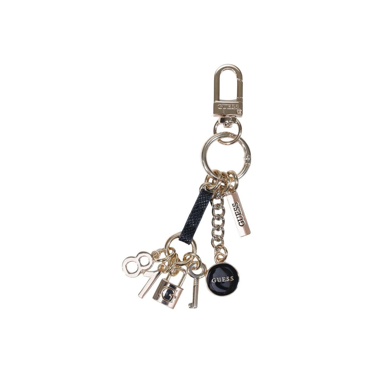Portachiavi Guess nero Zalina Keychain RWZ746 01190. Charm da borsa e portachiavi donna in acciaio rosa con ciondoli logo Guess e moschettone lucido, accessorio regalo glamour 4 stagioni.