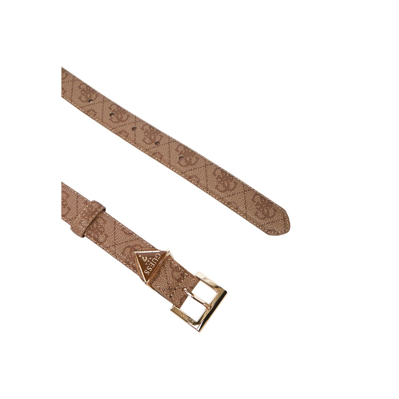 Cintura Donna Beige Guess Noelle; Larghezza 2,5 cm in poliestere e rivestimento in pelle con motivo 4G. Chiusura regolabile con fibbia oro pallido e dettaglio triangolo logo, stile elegante