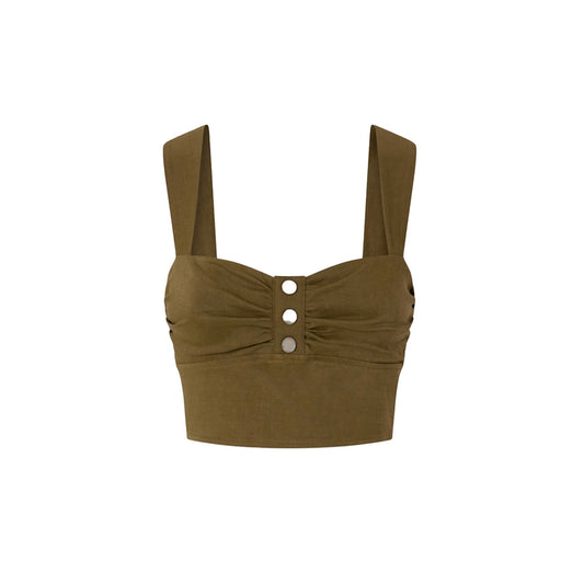 Top Pinko Verde; 55% Lino, 42% Viscosa. Schiena scoperta, chiusura con zip, bottoni decorativi. Tessuto leggero, vestibilità elegante, ideale per eventi estivi e tempo libero chic. Vista frontale stesa 