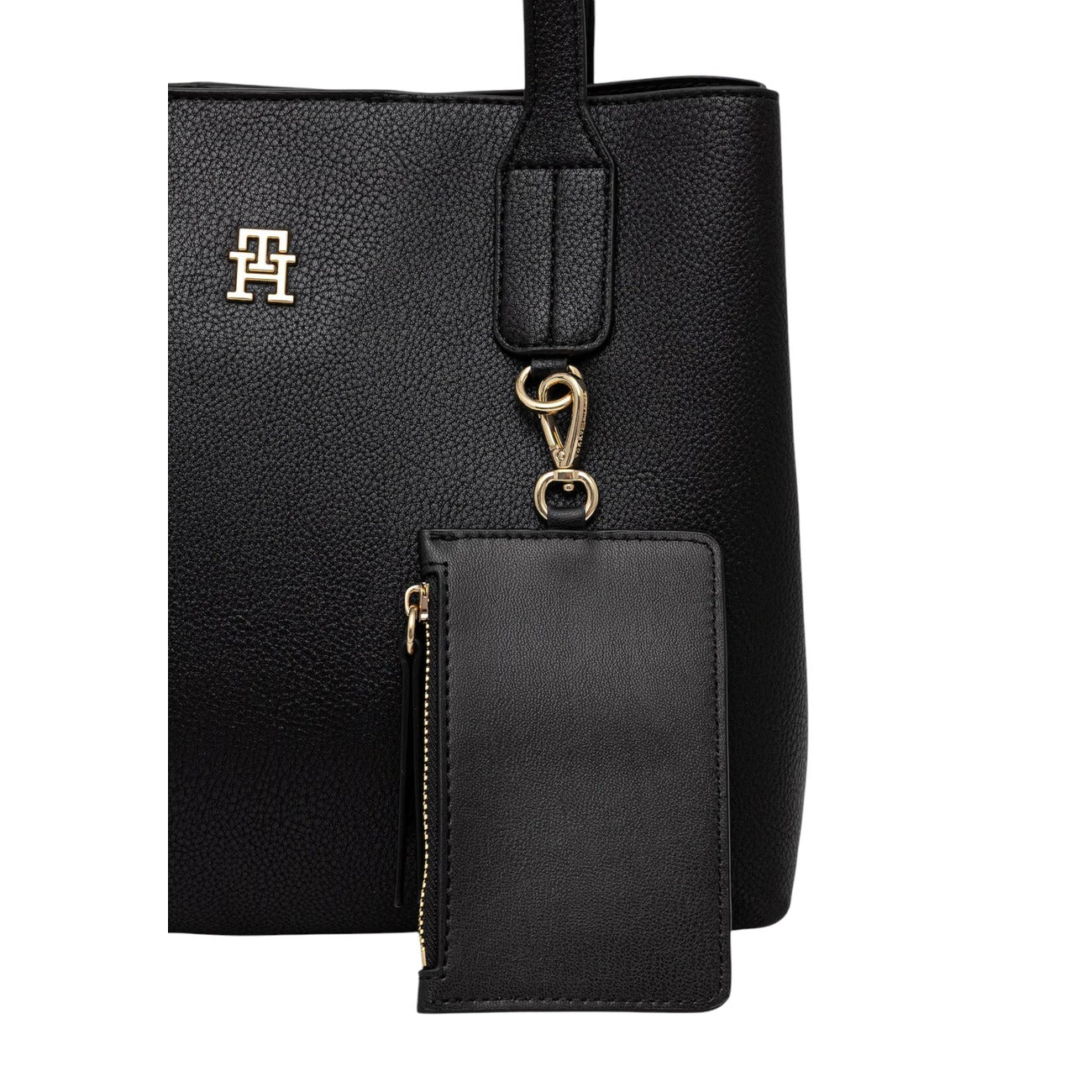 Borsa Satchel Donna Tommy Hilfiger; Nero. Finitura granata, chiusura con zip, doppi manici, tracolla regolabile e mini pochette esterna rimovibile. Dettagli in metallo oro lucido, misure capienti (32x28 cm), stile strutturato. Dettaglio 