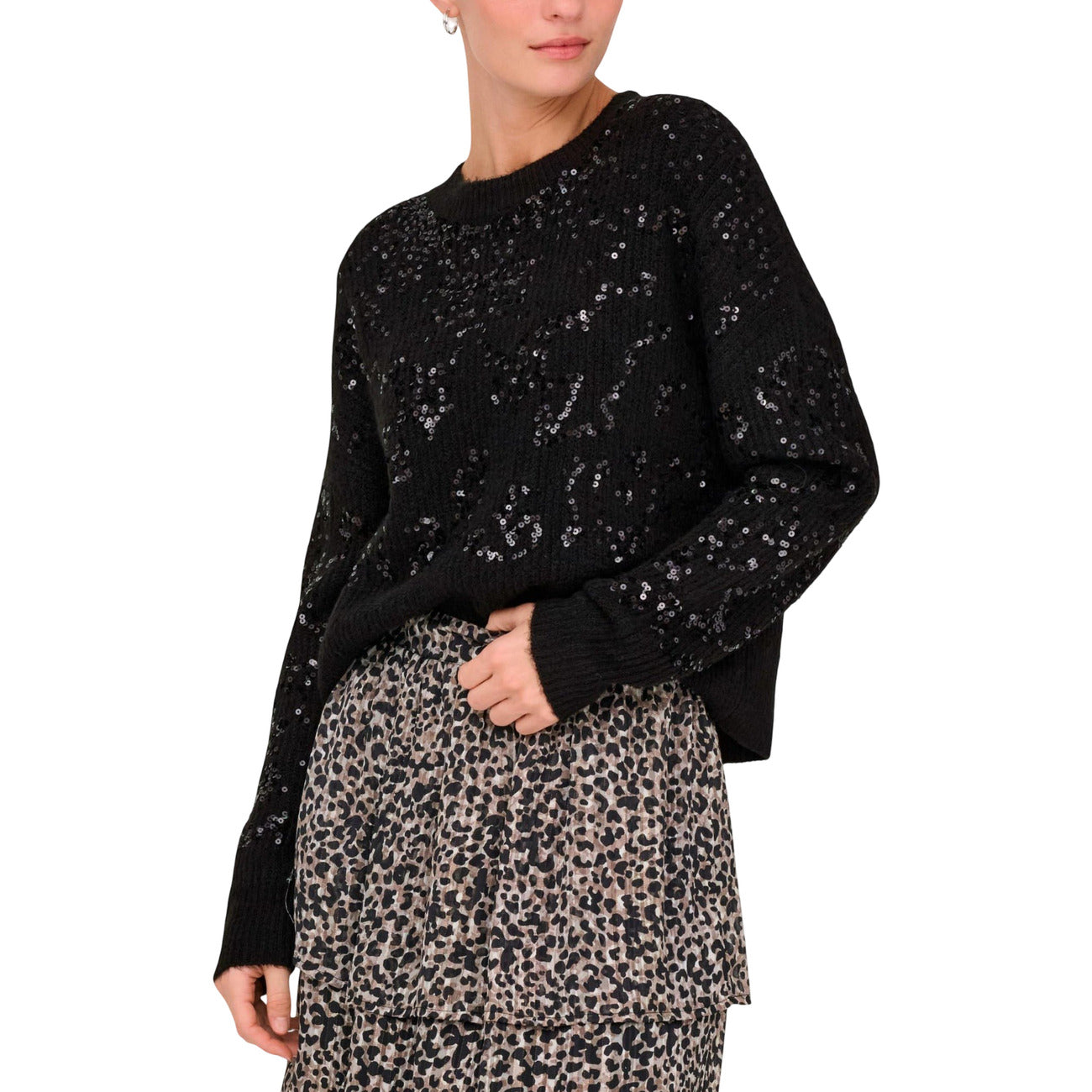 Only Maglia Donna Nera Maniche Lunghe con Paillettes - Maglia Acrilico Poliestere Elastan Scollo Tondo